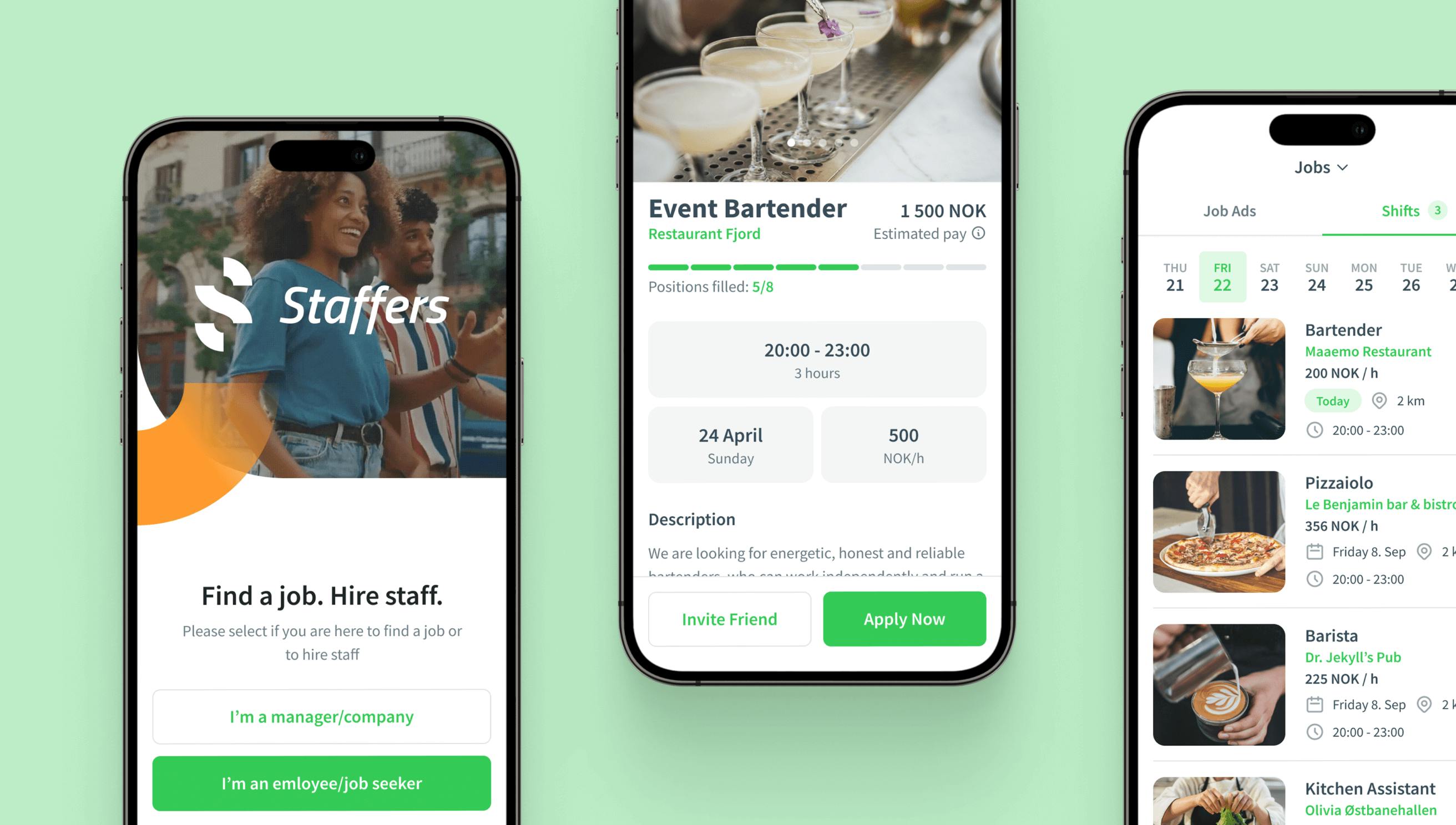 three mockups showing Staffers mobile app