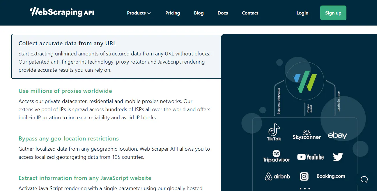 WebScrapingAPI page screenshot describing data extraction and proxy rotation features with icons of popular sites
