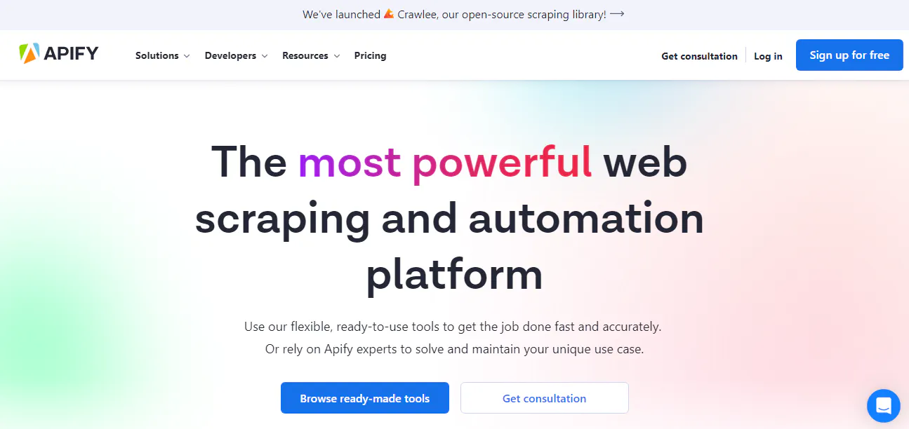 Apify homepage headline promoting a web scraping and automation platform with call-to-action buttons