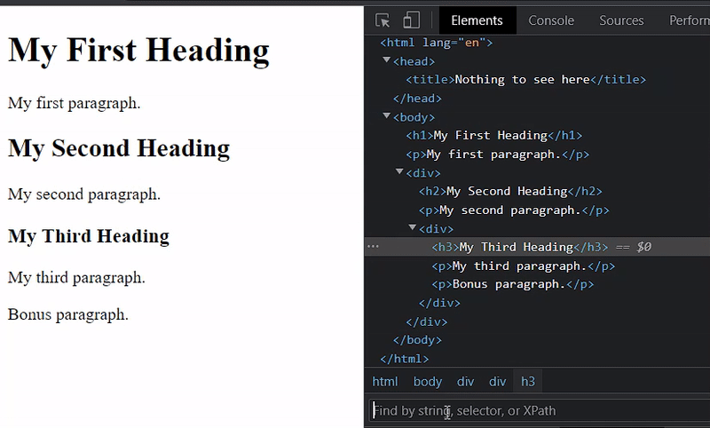 DevTools Elements panel with the Find by string, selector, or XPath search field