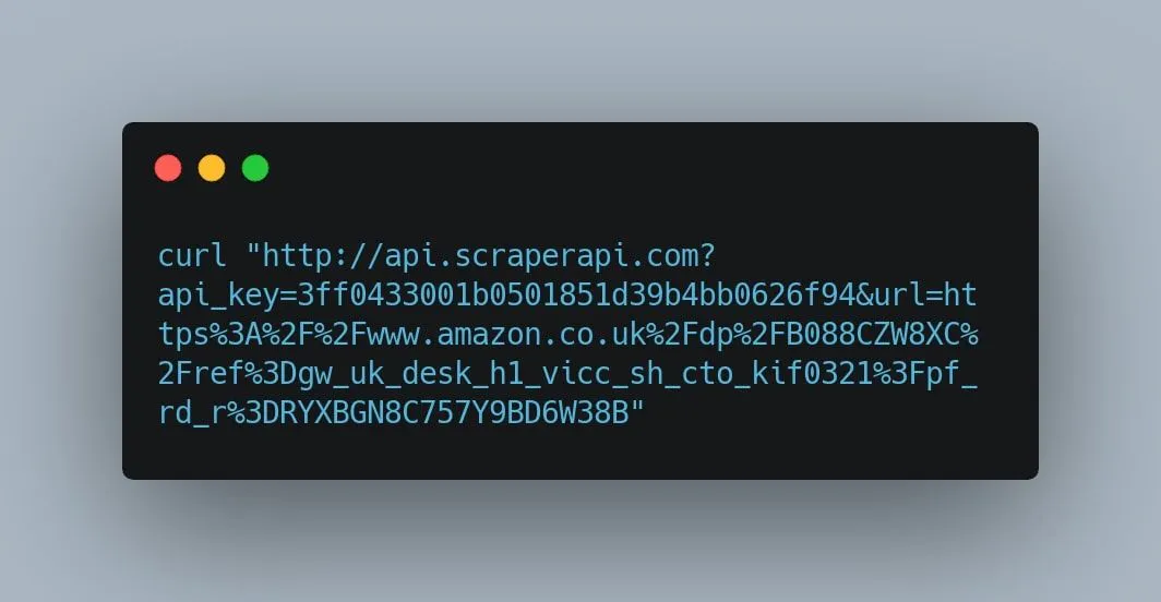 Terminal-style code block showing a curl request to ScraperAPI with an encoded target URL