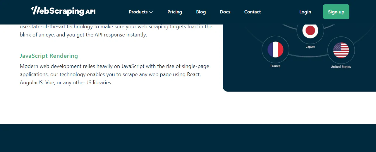 WebScrapingAPI site section explaining JavaScript rendering for scraping single-page apps, with a global network graphic