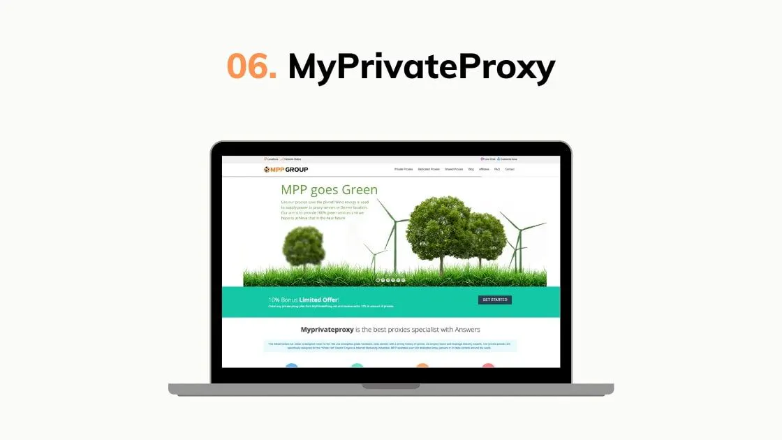 Graphic highlighting MyPrivateProxy, showing a laptop mockup with a proxy provider website