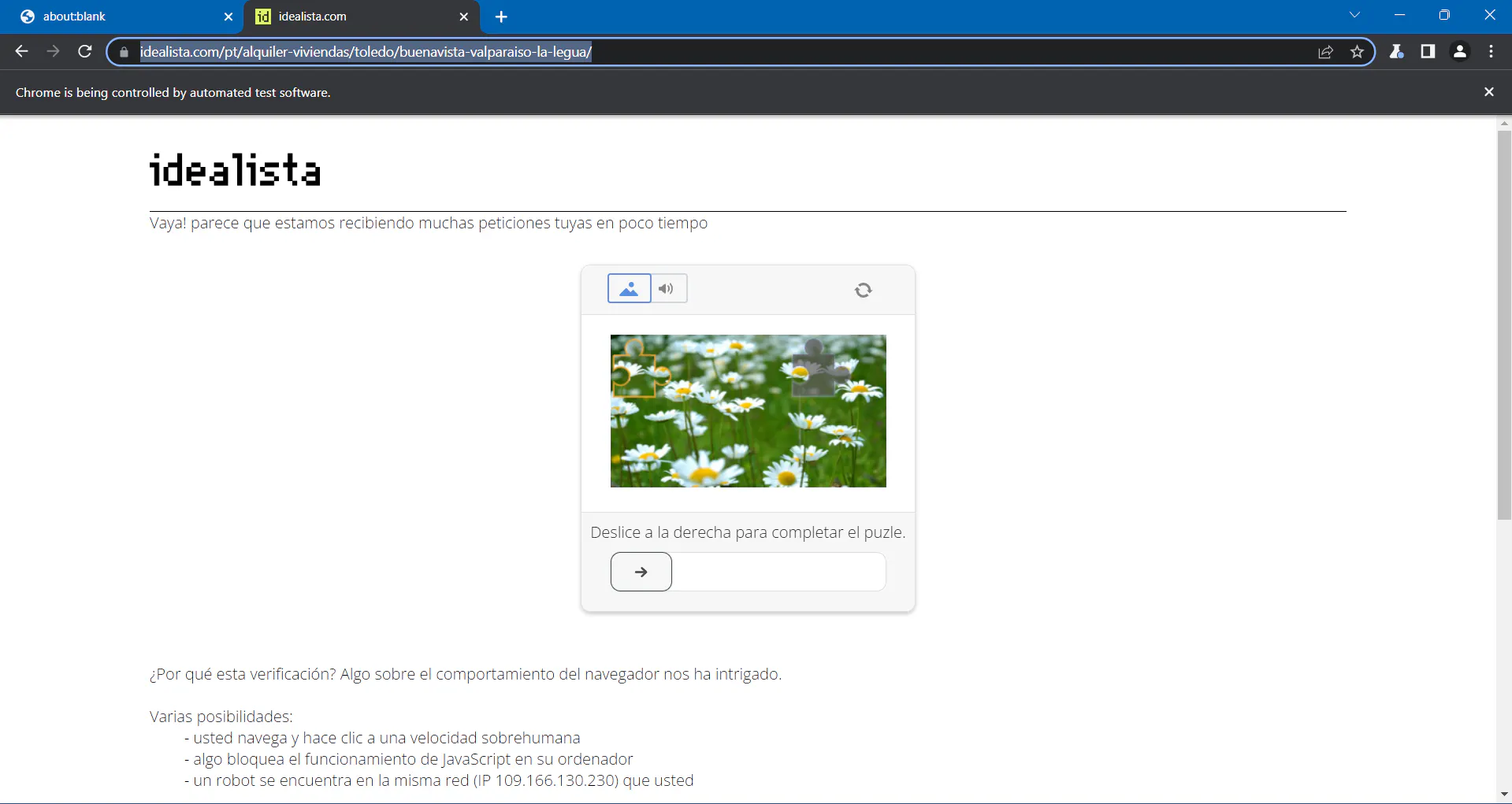 Idealista anti-bot verification page showing a puzzle image with daisies and a slider prompt