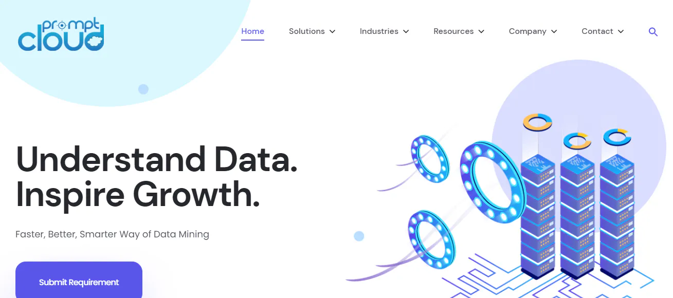 PromptCloud homepage banner about data mining with illustrated servers and a submit requirement button