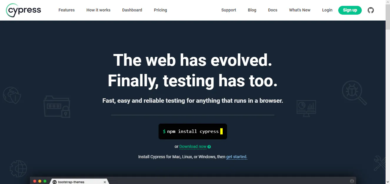Cypress website hero promoting browser testing, with an `npm install cypress` command snippet