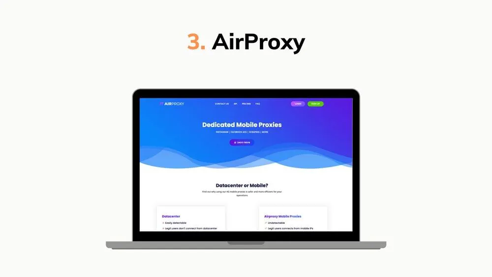 Graphic highlighting AirProxy, showing a laptop mockup with a dedicated mobile proxies website