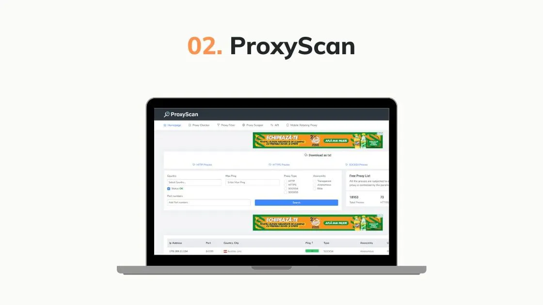 ProxyScan website screenshot on a laptop showing a proxy checker and free proxy list table