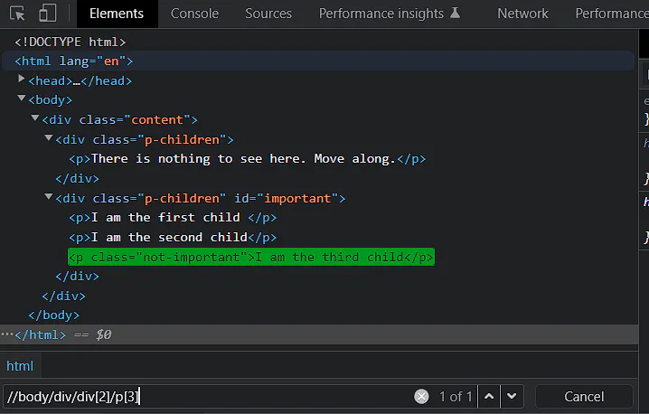 DevTools showing an XPath query selecting a specific paragraph child in sample HTML