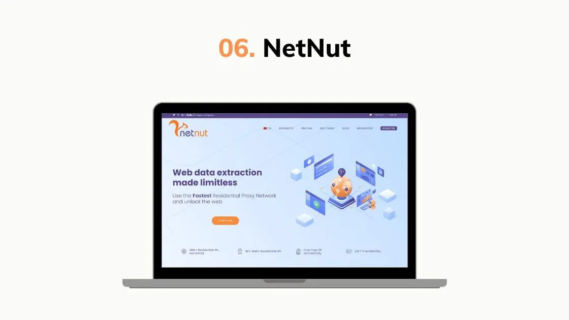 Slide graphic labeled NetNut with a laptop showing a web data extraction landing page