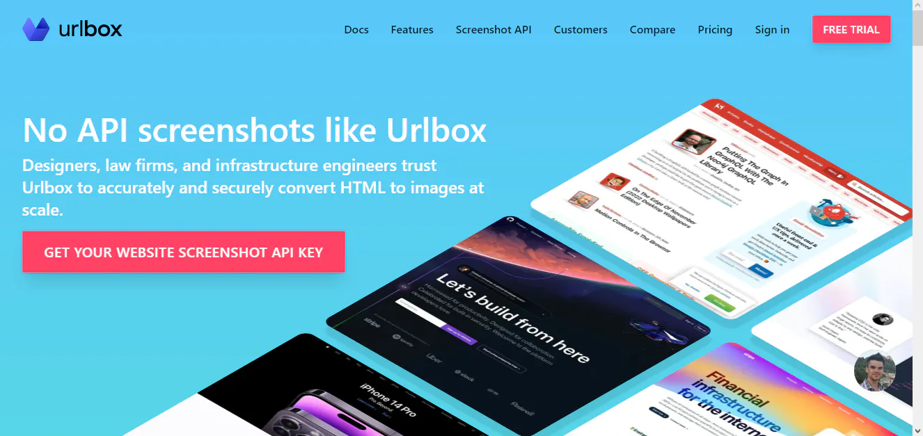 Urlbox website hero promoting an API for website screenshots, with example page thumbnails