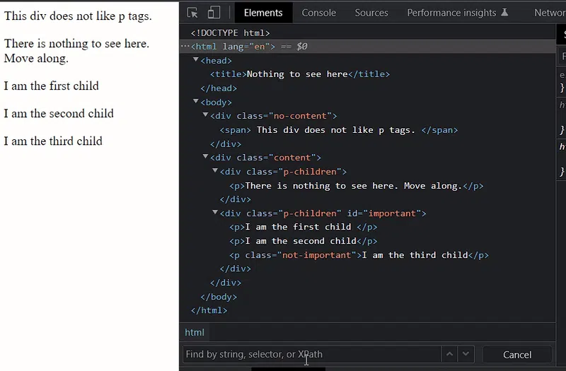 Sample web page on the left and DevTools Elements panel on the right for navigating the DOM