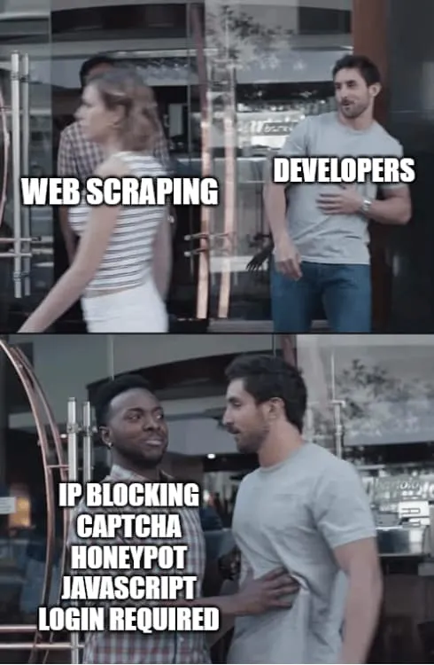 Two-panel meme about web scraping developers facing IP blocking, CAPTCHAs, honeypots, and JavaScript