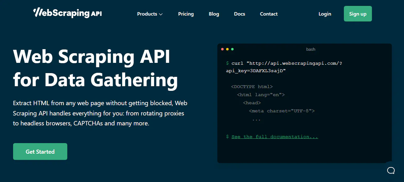 WebScrapingAPI banner showing a curl request example for scraping a page and extracting HTML