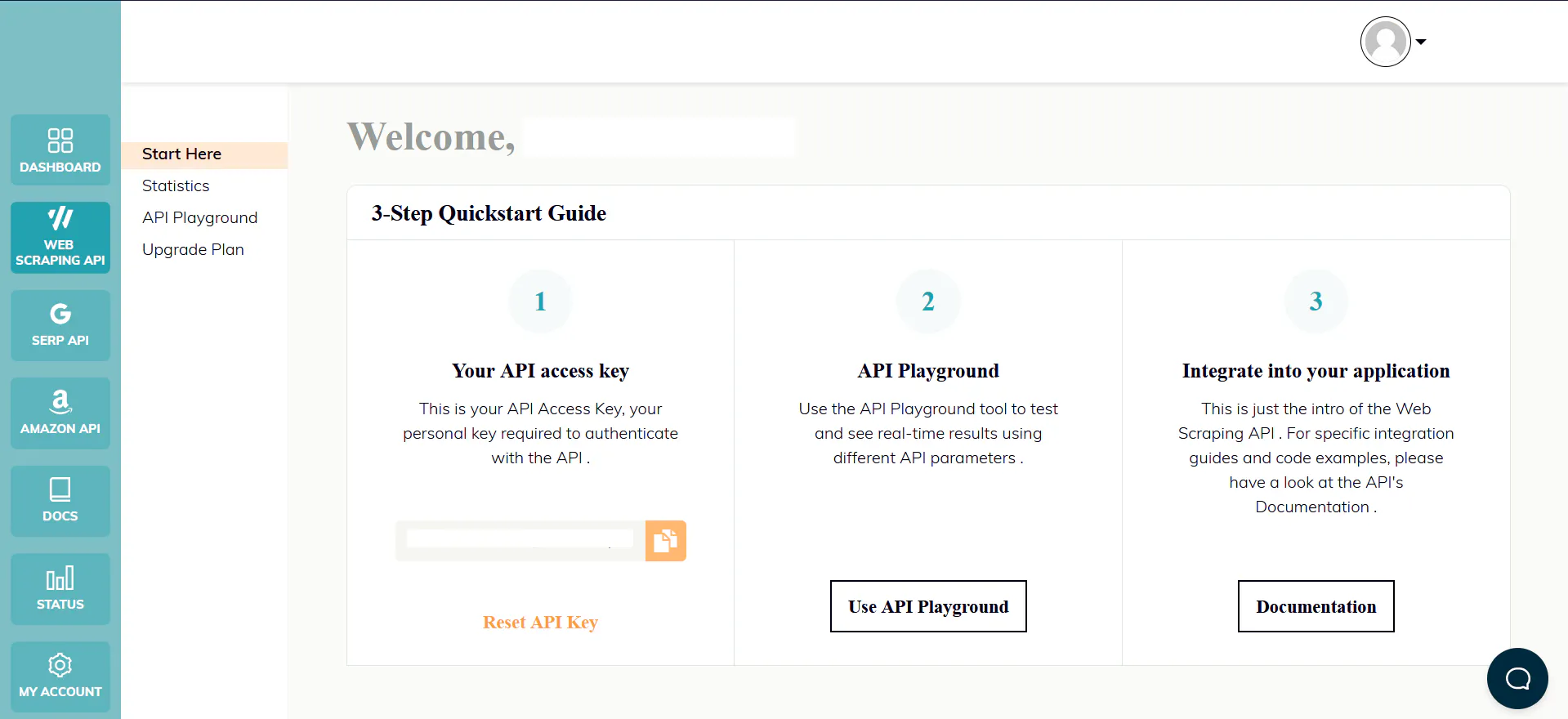 WebScrapingAPI dashboard welcome screen showing a three-step quickstart guide with API key, API playground, and documentation links