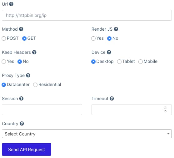 API request builder form showing options like method, Render JS, device type, and proxy type