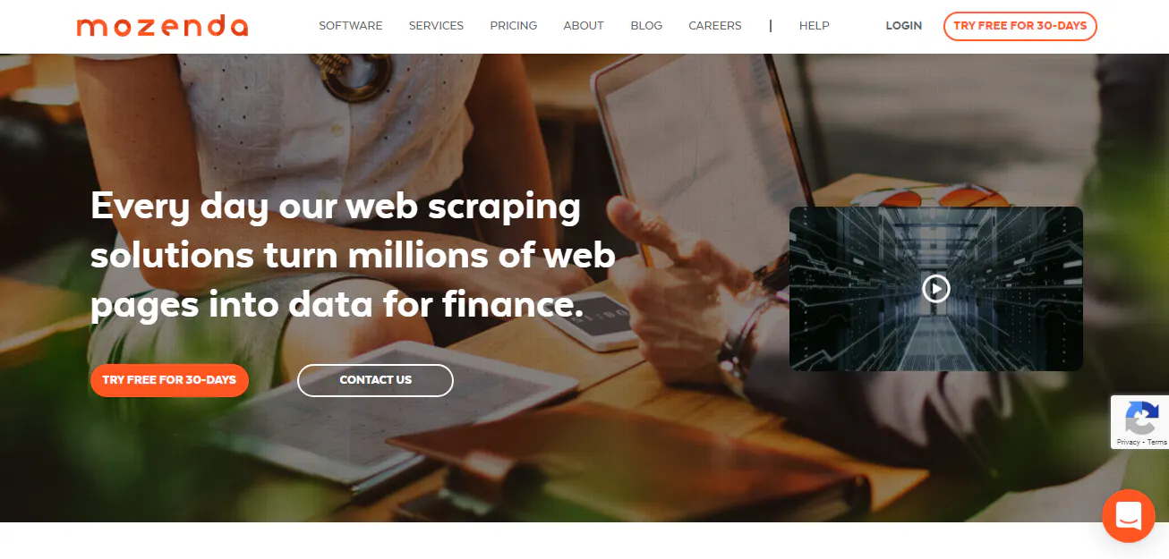 Mozenda landing page screenshot about turning web pages into data with a free trial option
