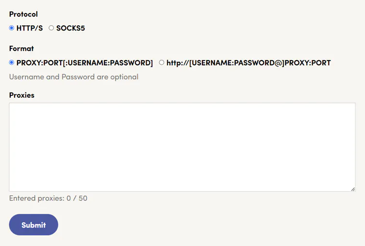 Proxy testing form with protocol and format options, a textarea to paste proxy list, and a Submit button