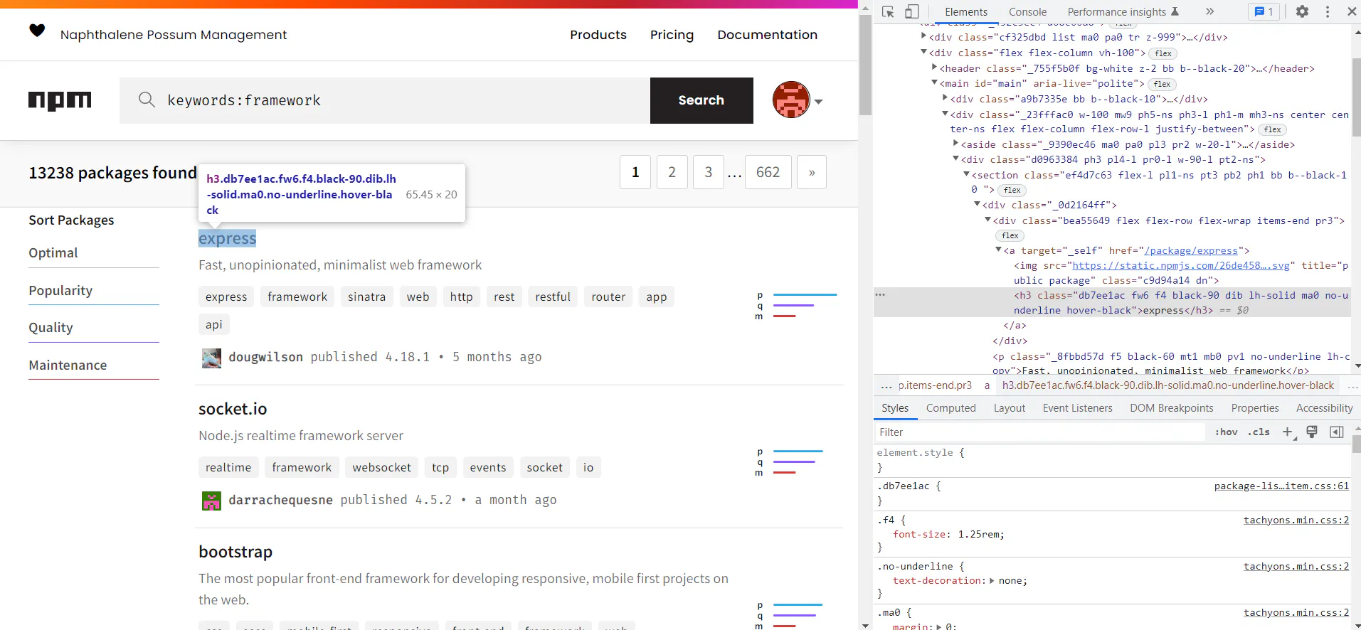 npm search results page with developer tools highlighting a package name element