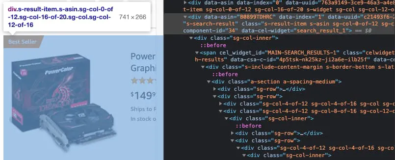 Amazon search result card with browser devtools showing HTML structure for the product listing