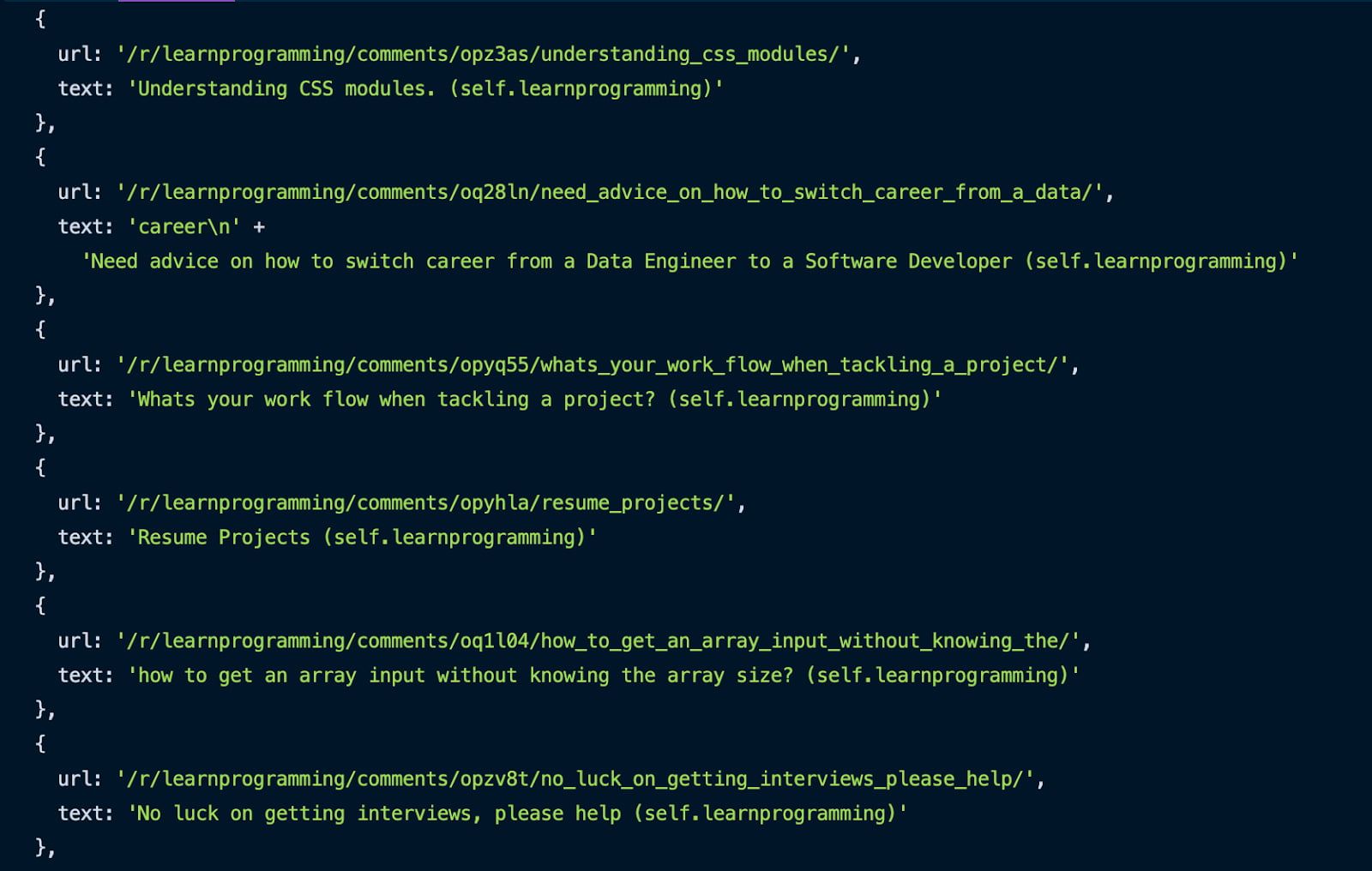 Code editor showing scraped output as objects with Reddit post URLs and titles
