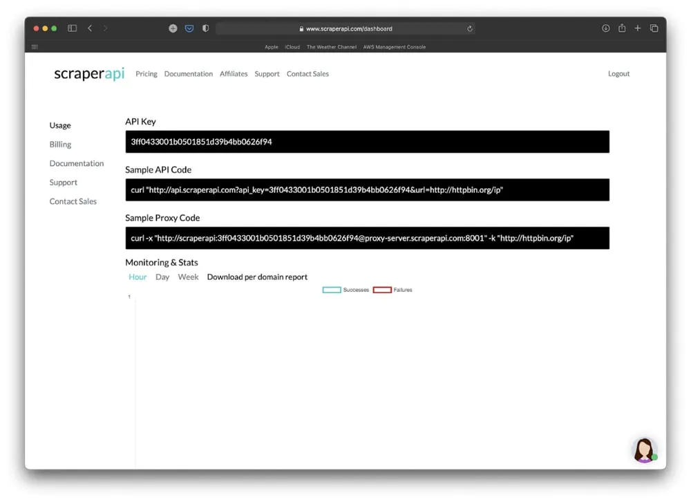 ScraperAPI dashboard displaying an API key and sample curl requests for API and proxy usage