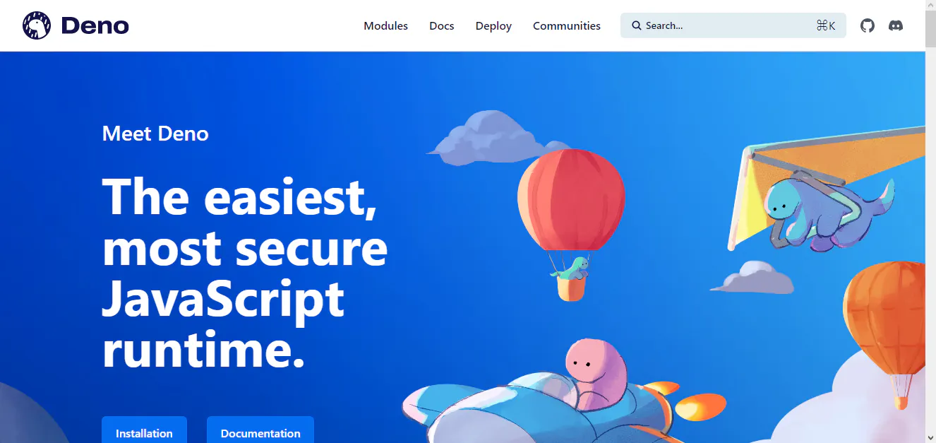 Deno website hero banner describing a secure JavaScript runtime with illustrated balloons and characters