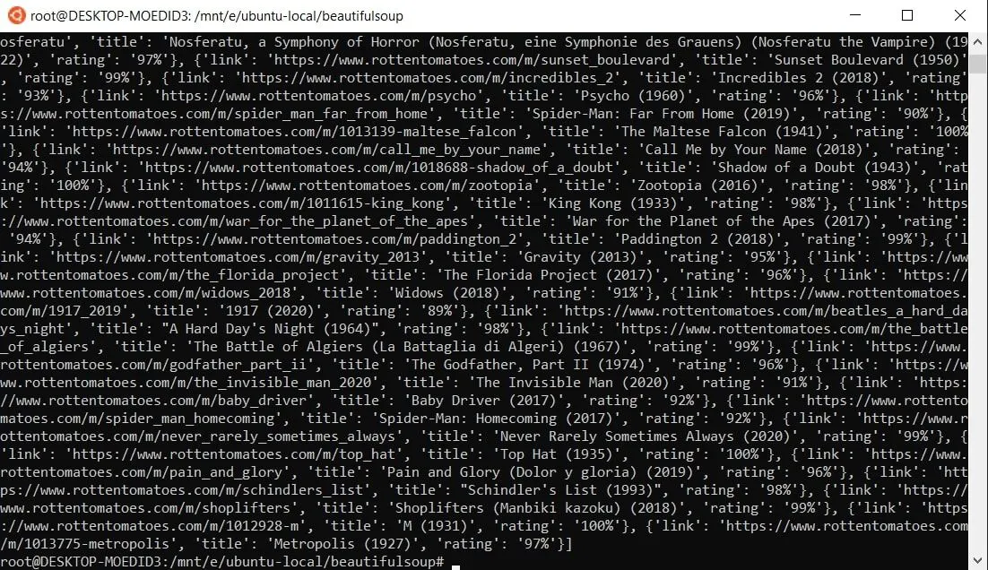 Terminal output showing scraped movie titles, links, and ratings formatted as JSON