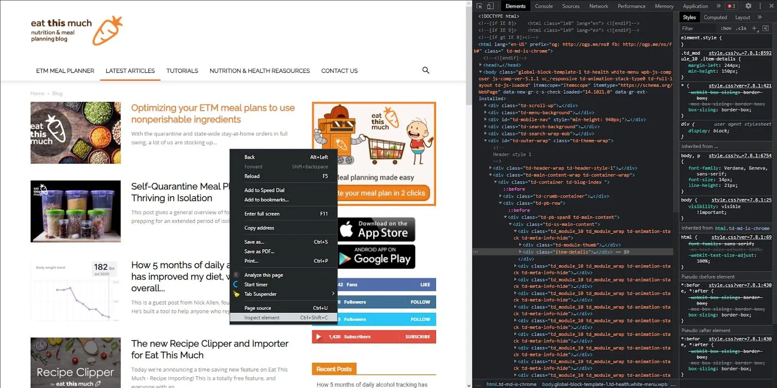 Eat This Much blog page opened with developer tools for inspecting HTML elements