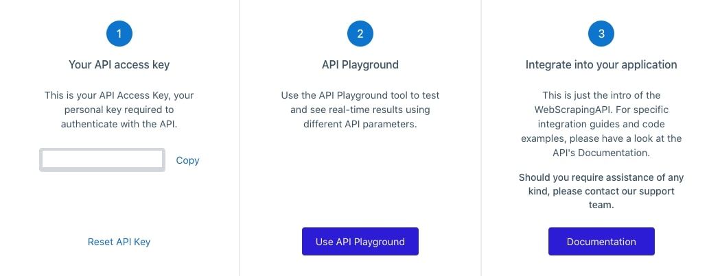 Three-step onboarding graphic showing API access key, API Playground, and integration into your application