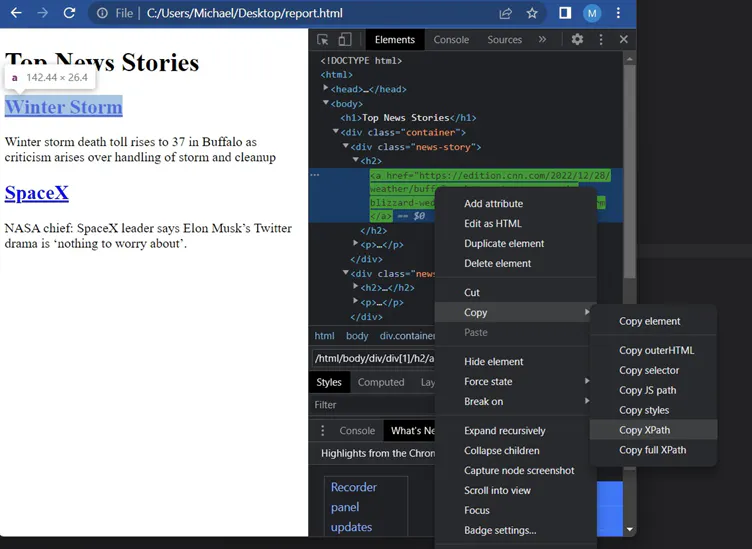 Browser devtools showing an element highlighted in the DOM and a context menu with options like Copy selector and Copy XPath
