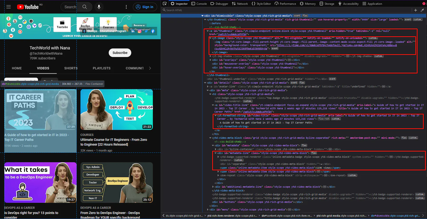 YouTube channel videos grid with browser devtools highlighting HTML for a video thumbnail and title link
