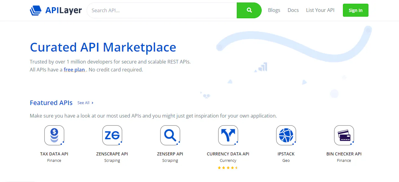 APILayer API marketplace page showing a curated catalog of APIs and featured listings