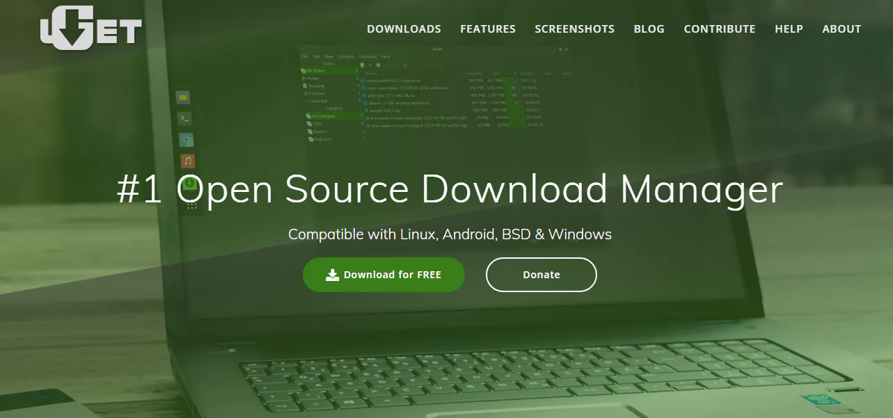 uGet website banner promoting an open source download manager with download and donate buttons