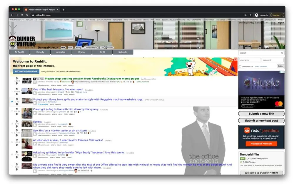 Old Reddit front page for a TV-themed subreddit shown in an incognito browser window