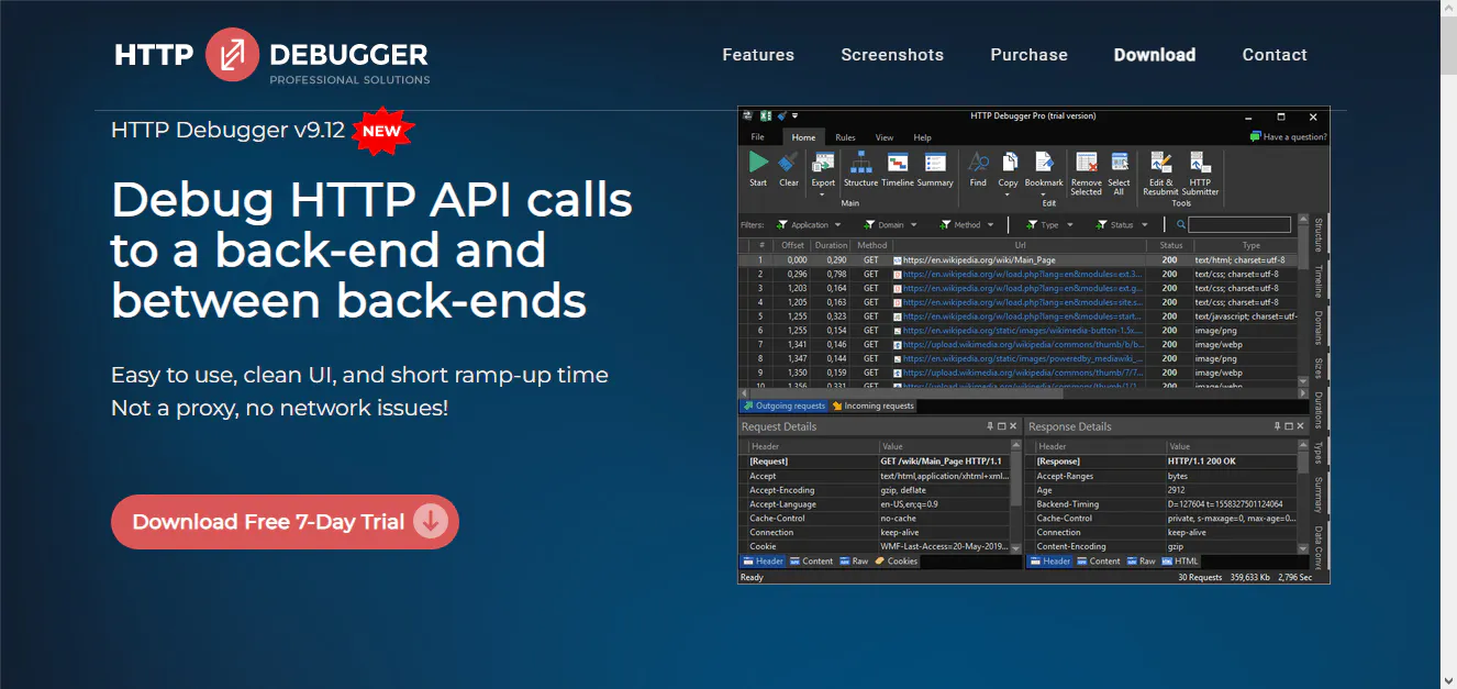 HTTP Debugger product page advertising debugging HTTP API calls with an app screenshot and a free trial button