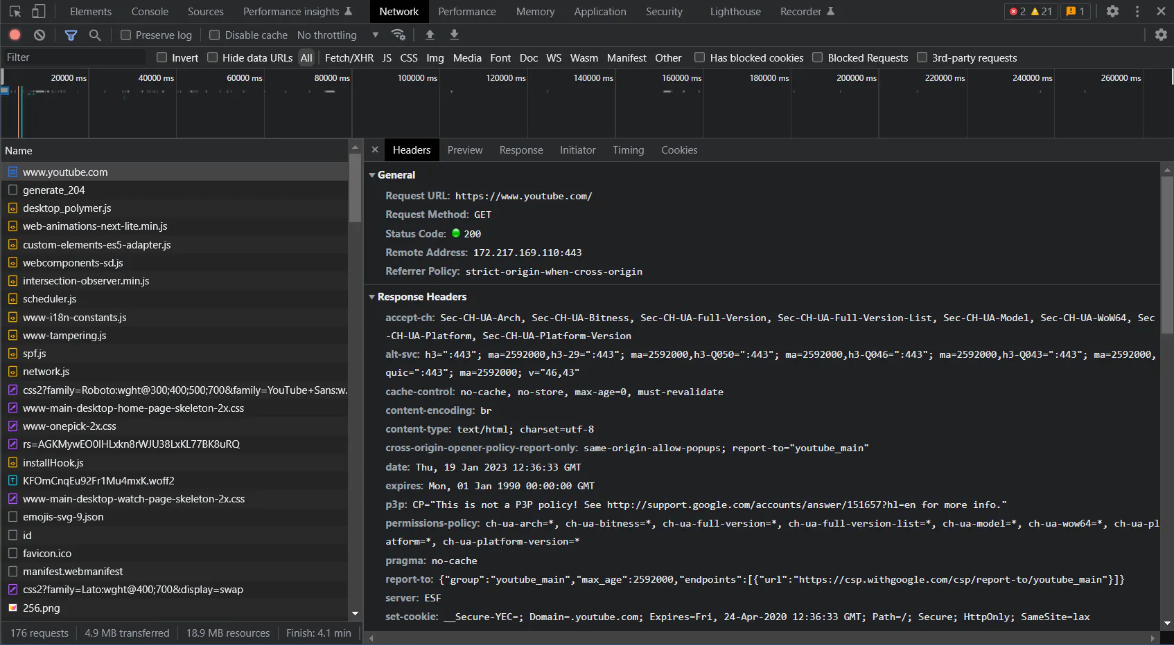 Chrome DevTools Network tab showing response headers for a www.youtube.com request