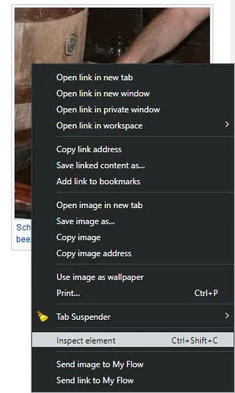 Right-click context menu on an image with Inspect element selected