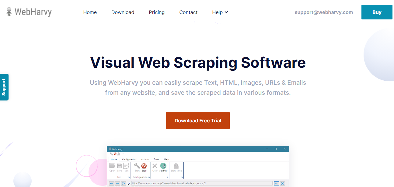WebHarvy website screenshot highlighting visual web scraping software and a download free trial button