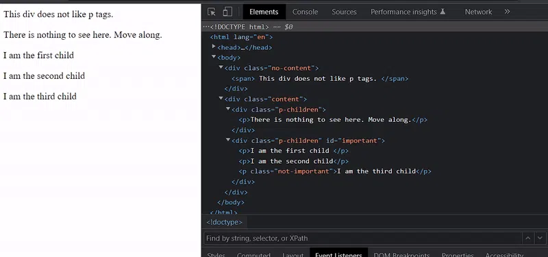 DevTools Elements panel with a search bar for entering selectors or XPath expressions