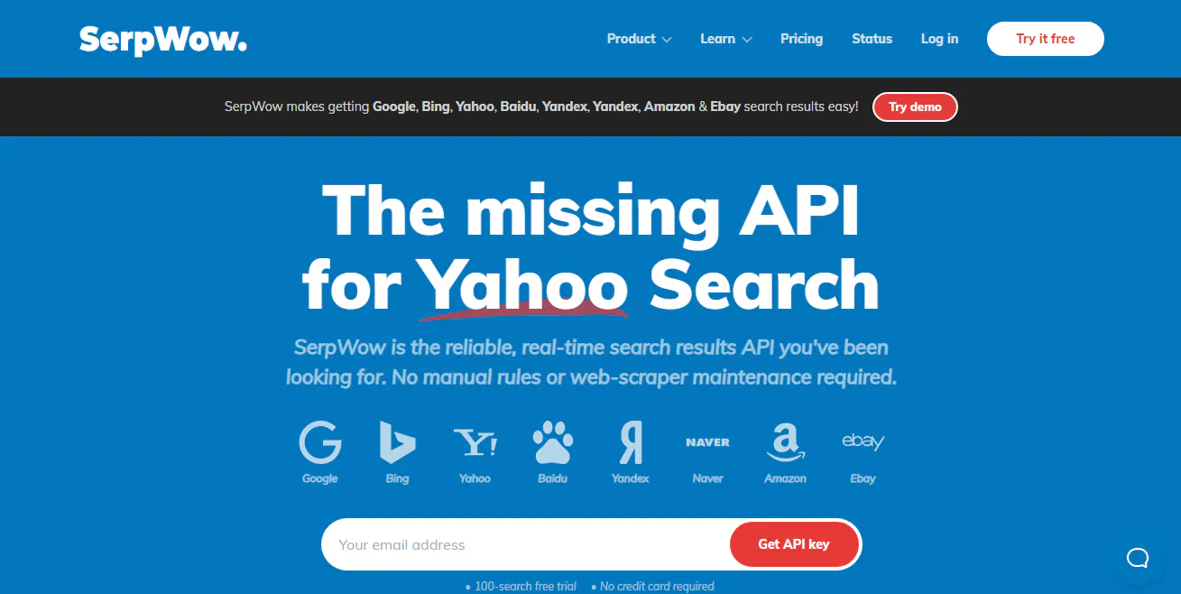 SerpWow landing page promoting a search results API for Yahoo and other engines, with an email field