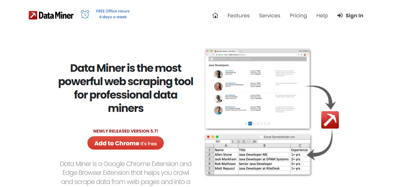 Data Miner landing page screenshot for a browser extension that scrapes web pages into spreadsheets