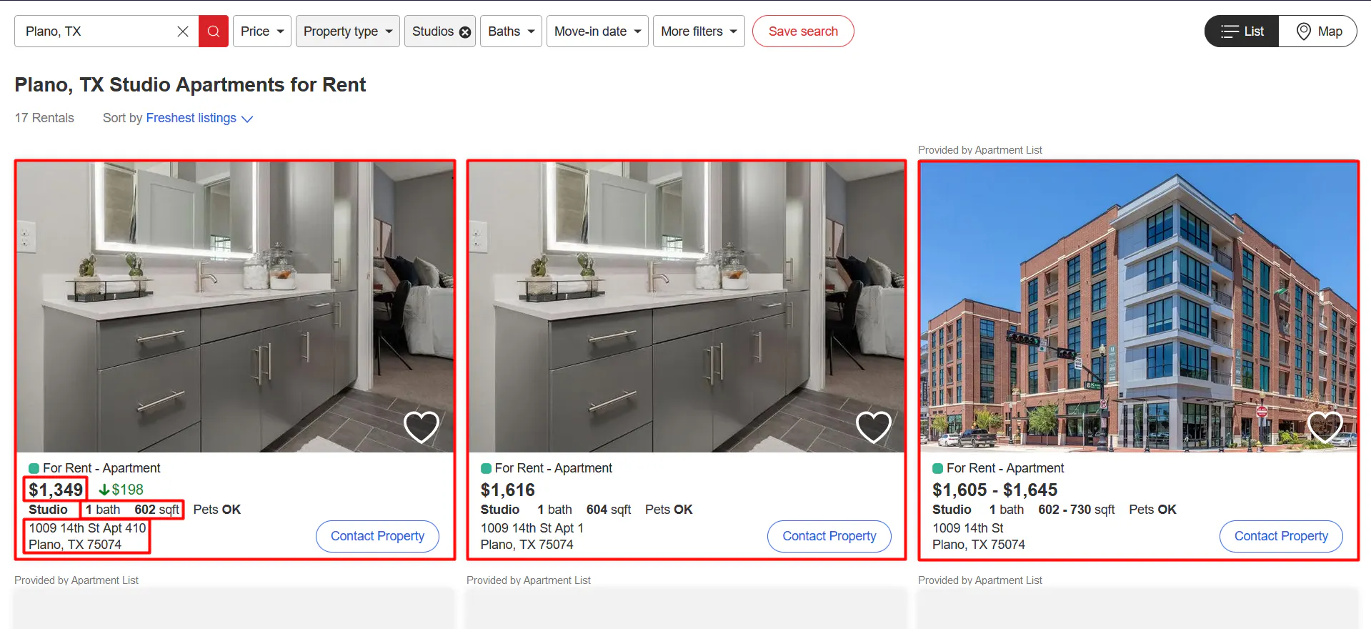 Apartment rental search results with listing cards highlighted in red, showing photos, prices, and address details