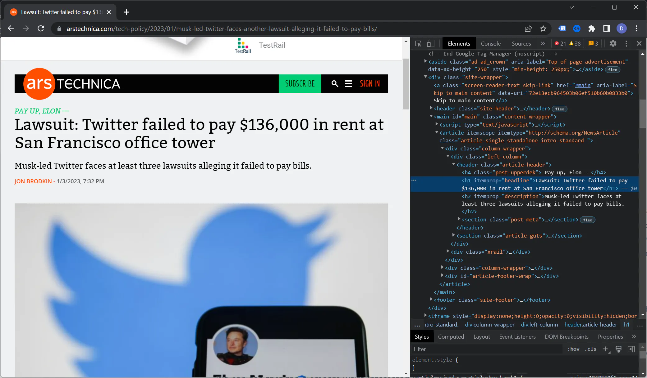 Browser showing an Ars Technica article with Chrome DevTools inspecting the headline HTML in the Elements panel