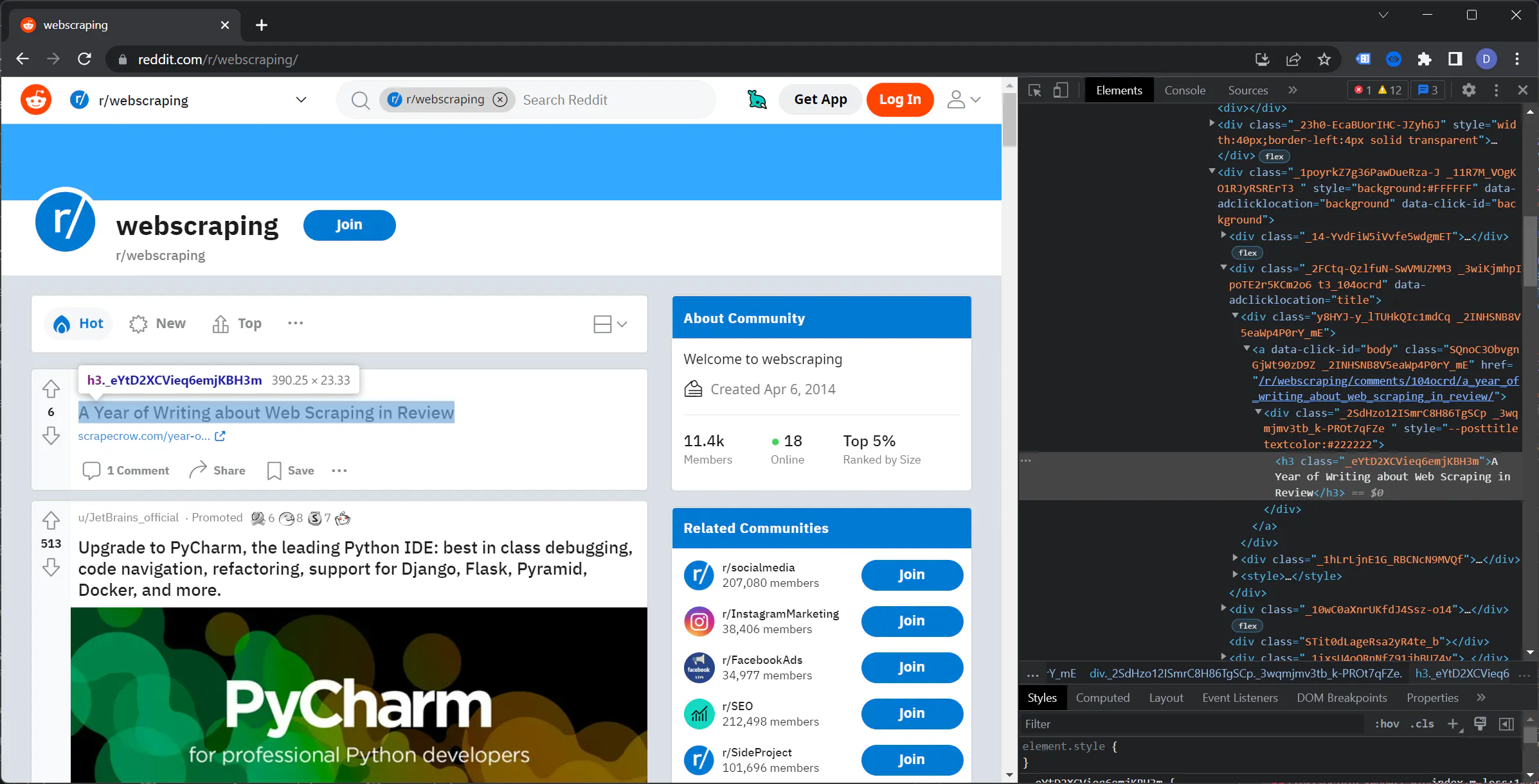 Reddit r/webscraping feed with a post title highlighted and browser devtools showing the selected heading element