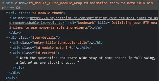 HTML snippet showing a blog post link and excerpt in a list of articles