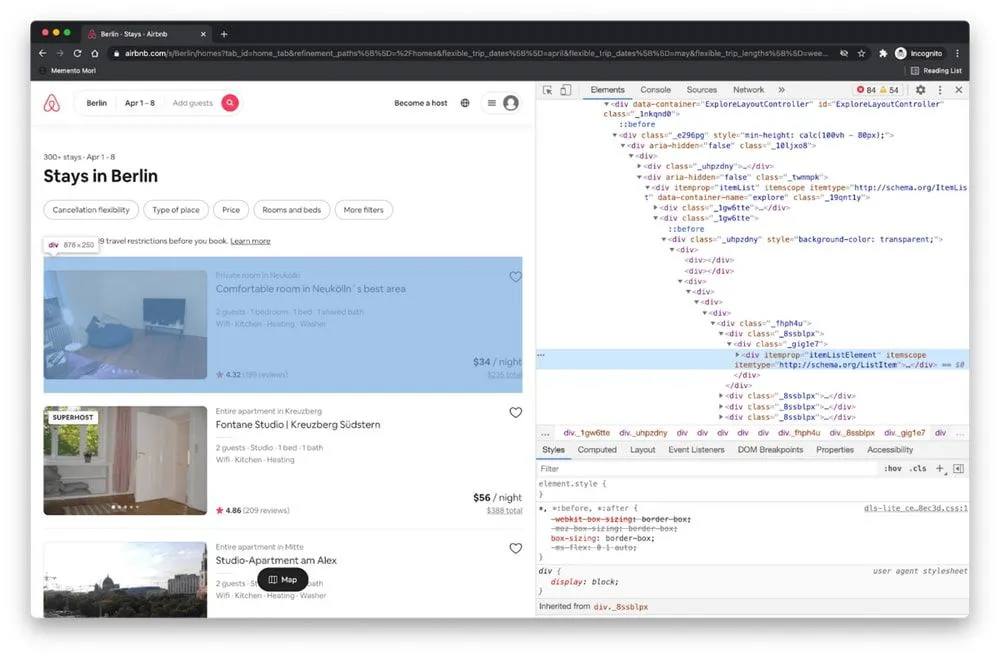 Airbnb search results for stays in Berlin shown beside Chrome DevTools inspecting listing markup