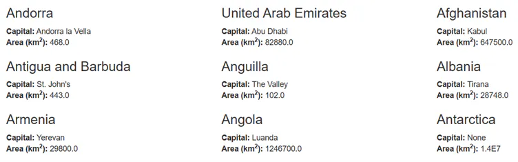 Web page showing a list of countries with capital and area values in a multi-column layout