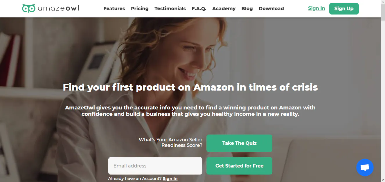 AmazeOwl landing page for finding products on Amazon with an email field and quiz button