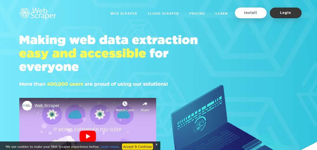 Web Scraper website homepage stating web data extraction is easy and accessible, with install and login buttons